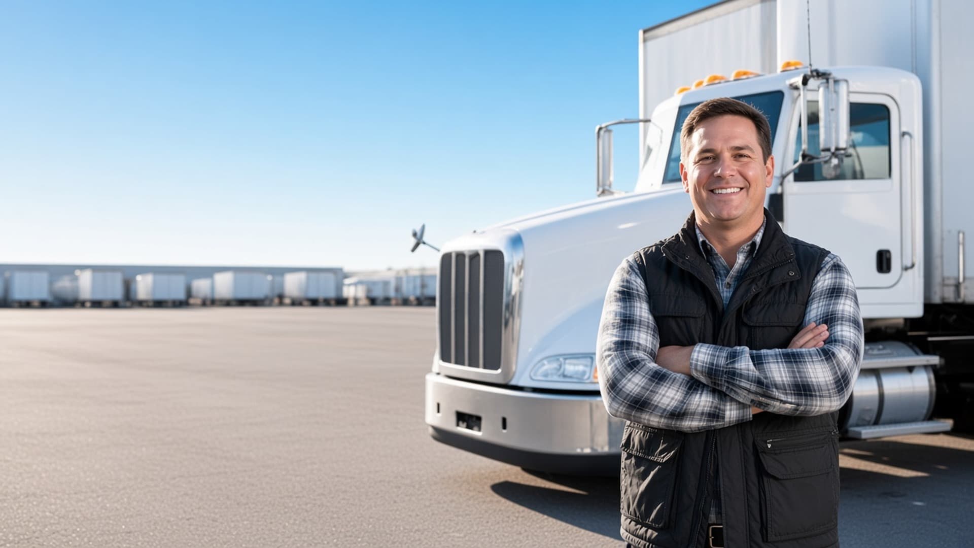 Smiling professional standing in front of a white semi-truck at a freight yard