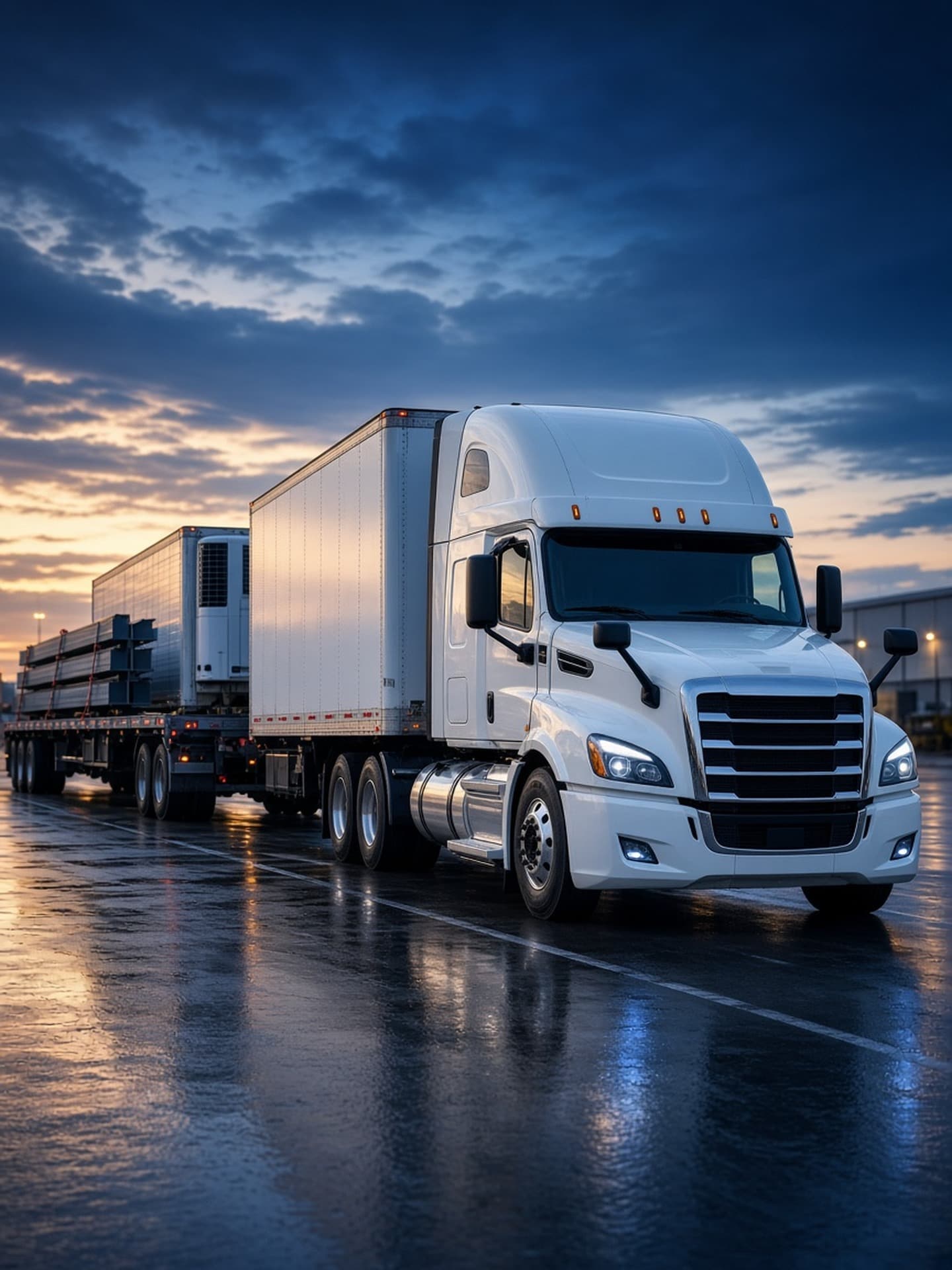 Dry van, reefer, and flatbed trailers in a freight yard at dusk